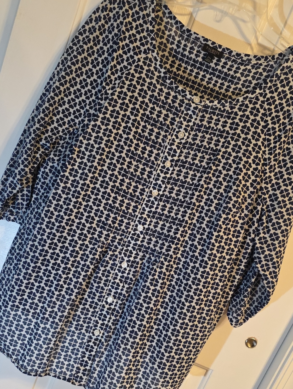 Talbots Navy and White Printed Button-Front Women's Top